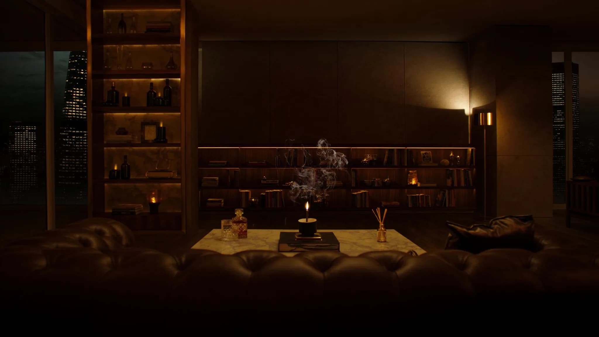 HVN great room — a candlelit penthouse lounge at dusk